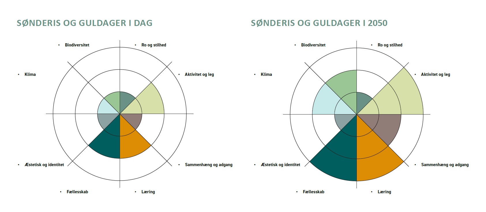 Statuskompas og udviklingskompas for Sønderris og Guldager opstillet ved hjælp af det grønne værktøj. Klik på billedet for at åbne i et større vindue.